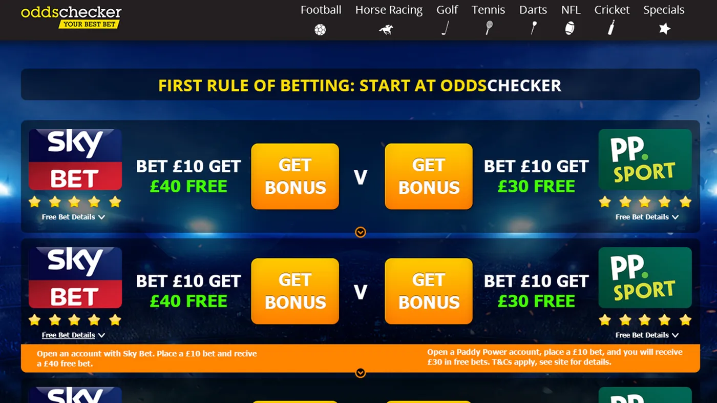 OddsChecker – уебсайт, екранна снимка 1