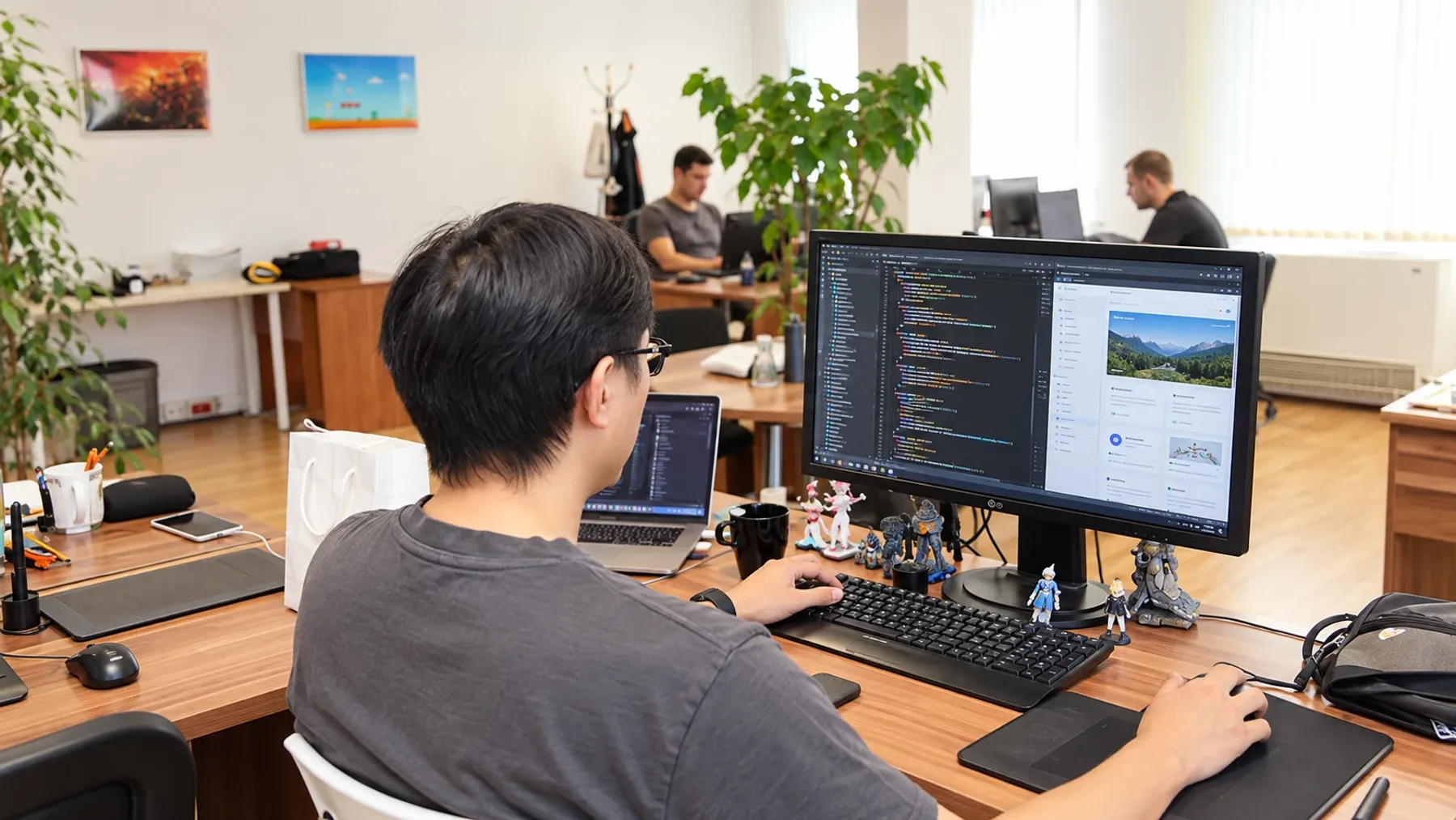 A developer at the Atom office with code and a client’s website on screen