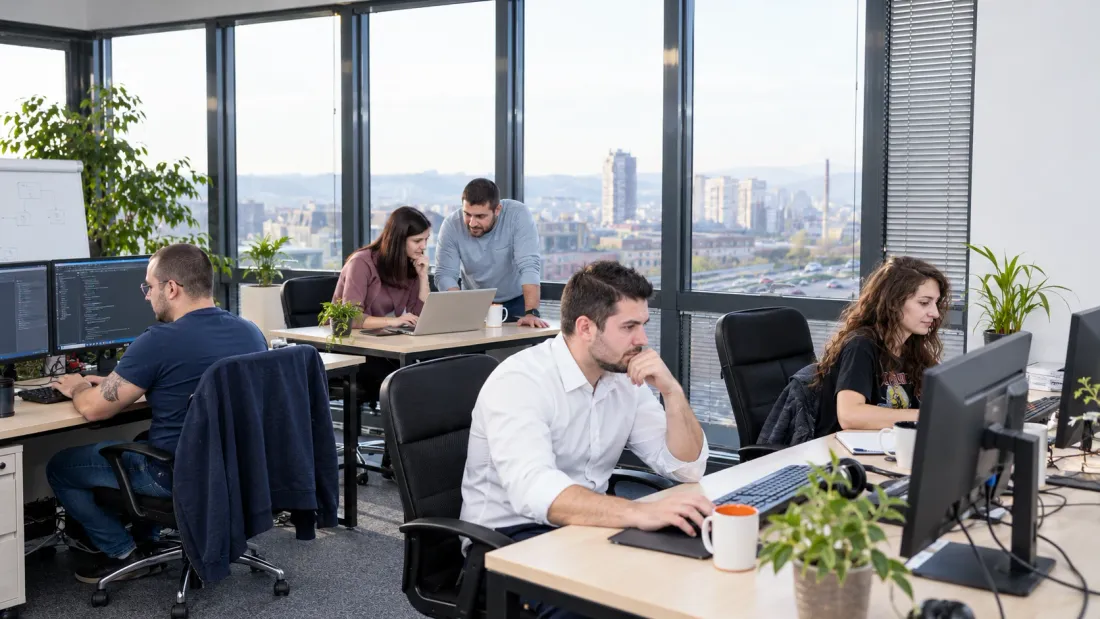 Офисът на Atom Solutions в София с програмисти на работа